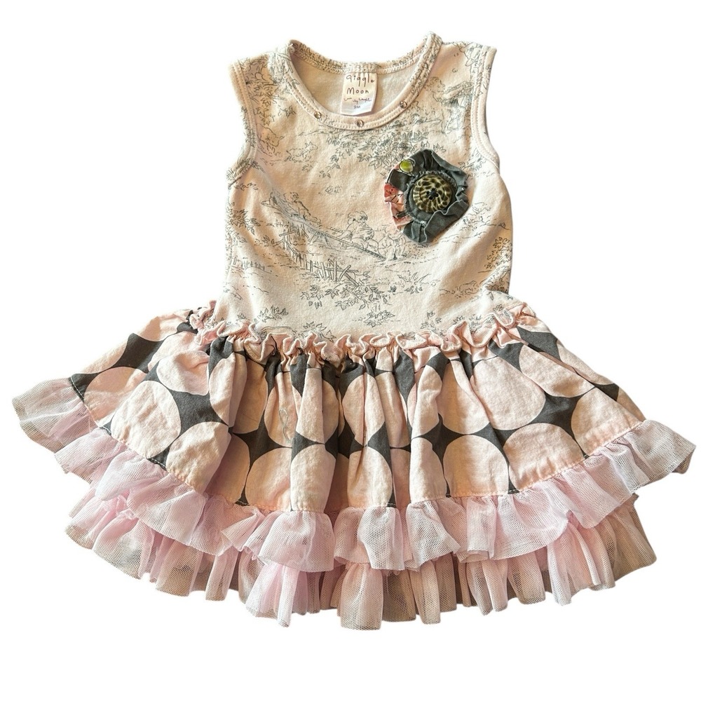 Giggle Moon 9M Baby Girls Dress Toile Polka‎ Dot Ruffled Rosette Tulle Pink